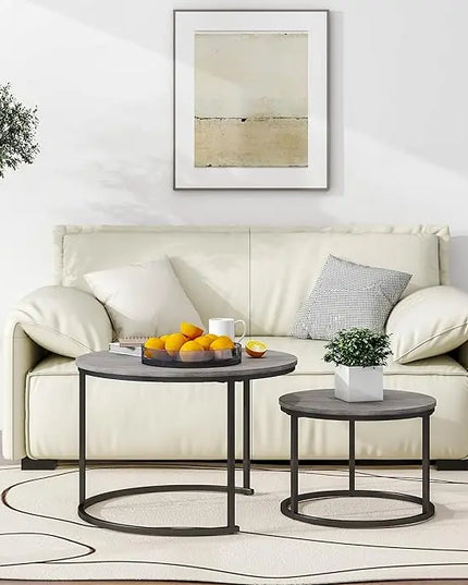 Nesting Round Coffee Table Set of 2 End Tables for Living Room,Grey Coffee Table Wooden Accent Furniture with Metal Frame,Stacking Side Tables,Black+Warm Grey - LeafyLoom