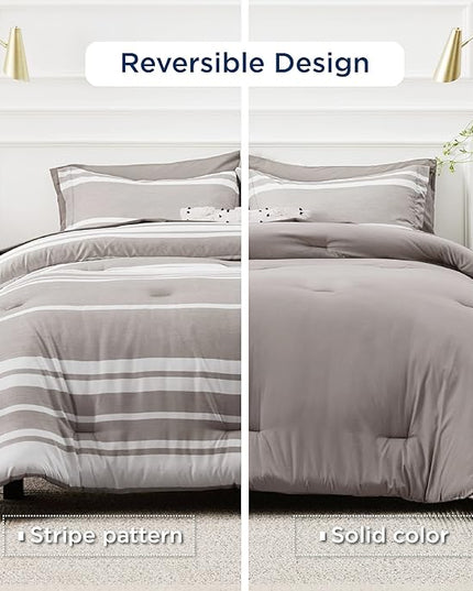 Bedsure Full Size Bedding Sets 7 Pieces, Warm Taupe White Striped Bedding Comforter Sets All Season Bed Set, 2 Pillow Shams, Flat Sheet, Fitted Sheet and 2 Pillowcases - LeafyLoom