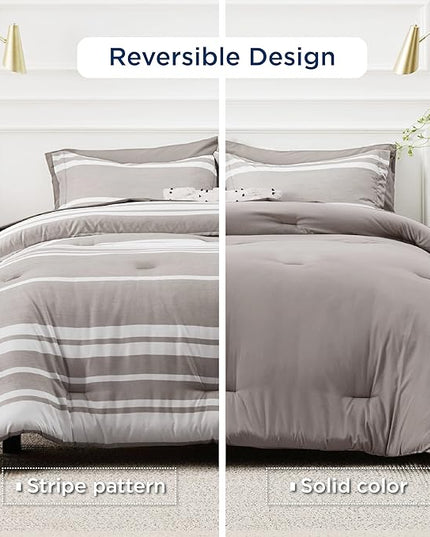 Bedsure Bed in a Bag Queen Size 7 Pieces, Warm Taupe White Striped Bedding Comforter Sets All Season Bed Set, 2 Pillow Shams, Flat Sheet, Fitted Sheet and 2 Pillowcases - LeafyLoom