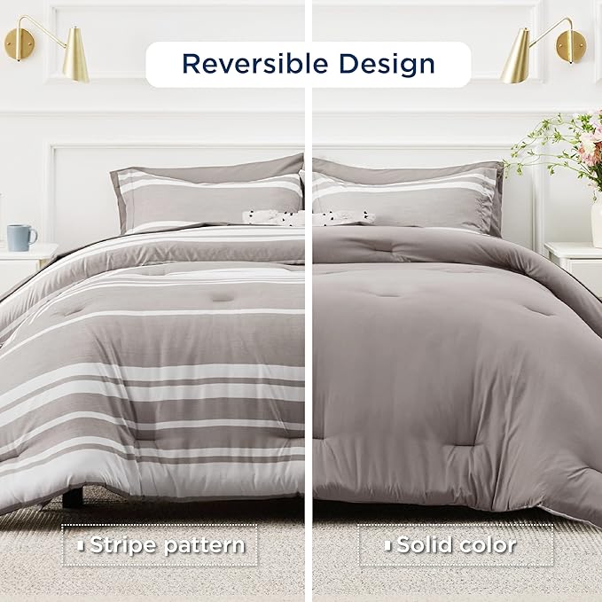 Bedsure Bed in a Bag Queen Size 7 Pieces, Warm Taupe White Striped Bedding Comforter Sets All Season Bed Set, 2 Pillow Shams, Flat Sheet, Fitted Sheet and 2 Pillowcases - LeafyLoom