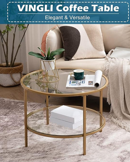 VINGLI 25.6" Round Gold Coffee Tables for Living Room, 2-Tier Glass Top Coffee Table with Storage Clear Coffee , Simple & Modern Center Table for Small Space - LeafyLoom