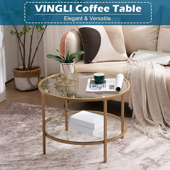 VINGLI 25.6" Round Gold Coffee Tables for Living Room, 2-Tier Glass Top Coffee Table with Storage Clear Coffee , Simple & Modern Center Table for Small Space - LeafyLoom