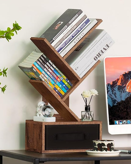 Small Bookshelf with Drawer,4 Tier Tree Book Shelf,Wood Desk Bookshelves,Modern Free Standing Desktop Display Shelves,Brown Floor Standing Organizer Bookcase for Living Room,Bedroom,Office - LeafyLoom