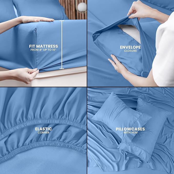 Utopia Bedding Queen Bed Sheets Set - 4 Piece Bedding - Brushed Microfiber - Shrinkage and Fade Resistant - Easy Care (Queen, Dutch Blue) - LeafyLoom