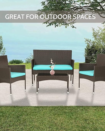 FDW 4 Pieces Patio Furniture Set Wicker Patio Conversation Set with Rattan Chair Loveseats Coffee Table for Outdoor Indoor Garden Backyard Porch Poolside Balcony,Brown Wicker/Blue Cushions - LeafyLoom