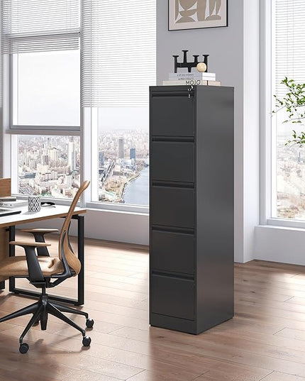 5 Drawer File Cabinet with Lock, Metal Vertical Filing Cabinets for Home Office, Steel Storage Cabinet for Hanging Legal/Letter Size Files, Assembly Required (Black) - LeafyLoom