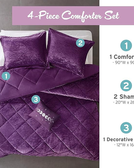 Intelligent Design Queen Comforter Set, Velvet Comforter Set , Luxury Diamond Quilting Comforter Set, Fluffy Comforter Bed Set with Decorative Pillowand 2 Shams, 4 Piece Purple, Full/Queen - LeafyLoom