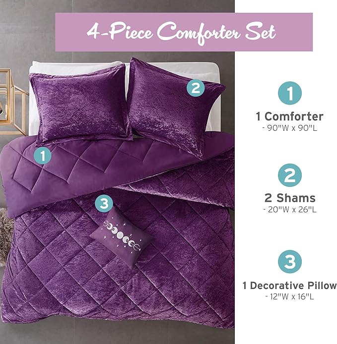 Intelligent Design Queen Comforter Set, Velvet Comforter Set , Luxury Diamond Quilting Comforter Set, Fluffy Comforter Bed Set with Decorative Pillowand 2 Shams, 4 Piece Purple, Full/Queen - LeafyLoom