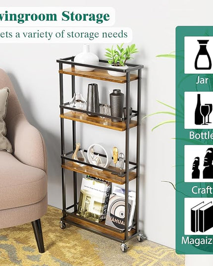 Slim Storage Cart 4 Tier Narrow Kitchen Rolling Cart on Wheels for Small Space, Mobile Spice Rack Seasoning Organizer Utility Serving Cart for Kitchen Bathroom Laundry, Brown - LeafyLoom