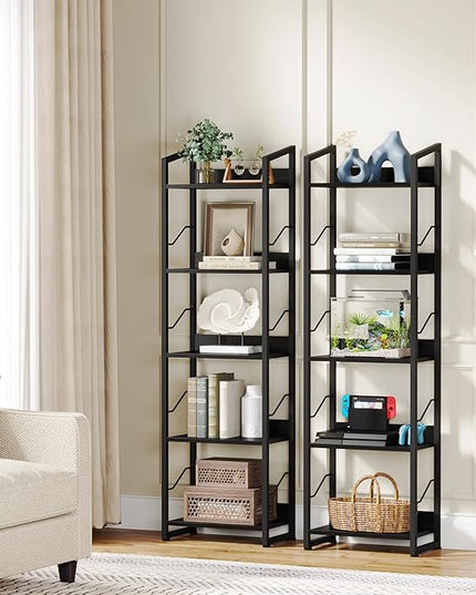 5 Tier Narrow Bookshelf: Tall Bookcase Book Shelf for Bedroom, Industrial Modern Bookshelves for Small Spaces (Black) - LeafyLoom