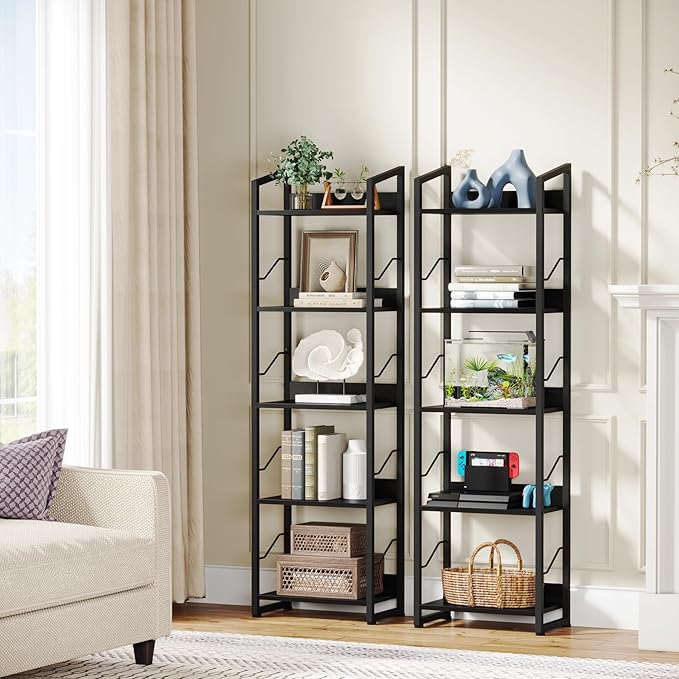 5 Tier Narrow Bookshelf: Tall Bookcase Book Shelf for Bedroom, Industrial Modern Bookshelves for Small Spaces (Black) - LeafyLoom