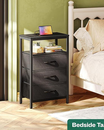 Nightstands Set of 2, 27.6 Inch End Tables with Charging Station, Side Tables with Fabric Drawers, Bedside Tables with USB Port and Outlet, Night Stands for Bedroom, Black - LeafyLoom