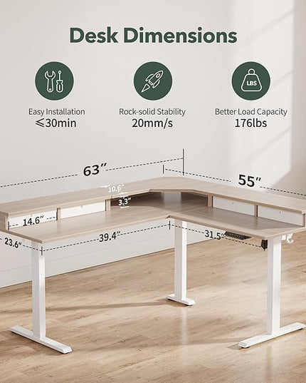 FEZIBO 63" L Shaped Standing Desk with 4 Drawers, Electric Standing Gaming Desk Adjustable Height, Corner Stand up Desk with Splice Board, White Frame/Light Walnut Top - LeafyLoom