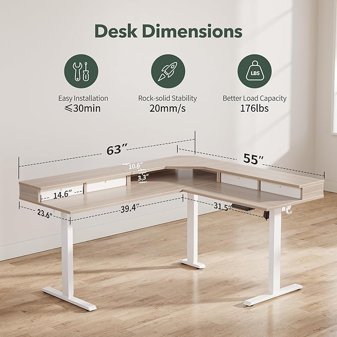 FEZIBO 63" L Shaped Standing Desk with 4 Drawers, Electric Standing Gaming Desk Adjustable Height, Corner Stand up Desk with Splice Board, White Frame/Light Walnut Top - LeafyLoom