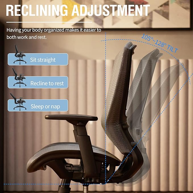 Mesh Office Chair,Ergonomic Computer Desk Chair,Sturdy Task Chair- Adjustable Lumbar Support & Armrests,Tilt Function,Comfort Wide Seat,Swivel Home Office Chair (Grey) - LeafyLoom