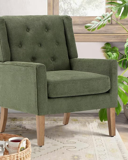 COLAMY Mid-Century Accent Chairs, Modern Wingback Living Room Chair, Upholstered Armchair with Button Tufted Back and Wood Legs for Bedroom/Office/Reading Spaces, Green - LeafyLoom