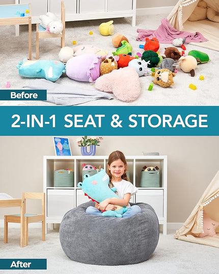 Stuffed Animal Bean Bag Storage (No Filler) - Machine Washable Kids Bean Bag Chair Cover Makes Extra Large Bean Bag Chair Stuff Toys & Soft Items - Stuffed Animal Holder for Kids -Grey Corduroy - LeafyLoom