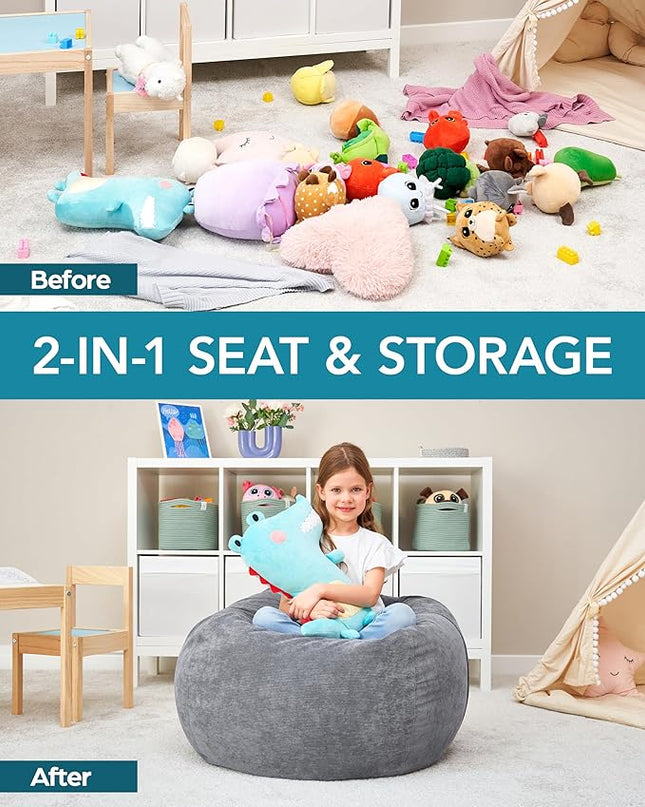Stuffed Animal Bean Bag Storage (No Filler) - Machine Washable Kids Bean Bag Chair Cover Makes Extra Large Bean Bag Chair Stuff Toys & Soft Items - Stuffed Animal Holder for Kids -Grey Corduroy - LeafyLoom