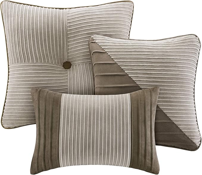 Madison Park Cozy Comforter Set Casual Blocks Design All Season, Matching Bed Skirt, Decorative Pillows, Queen(90"x90"), Dallas Corduroy, Taupe Brown, 7 Piece - LeafyLoom