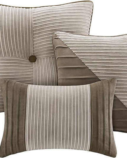 Madison Park Cozy Comforter Set Casual Blocks Design All Season, Matching Bed Skirt, Decorative Pillows, King (104 in x 92 in), Dallas Taupe/Brown, 7 Piece - LeafyLoom