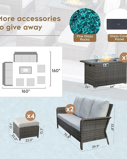 Yechen Patio Conversation Set 10 Seats with 44" Propane Gas Fire Pit Table - 7 Pcs Outdoor Wicker Furniture Set with Lid & Wind Shields - Sectional Sofa Set for Porch,Backyard - LeafyLoom