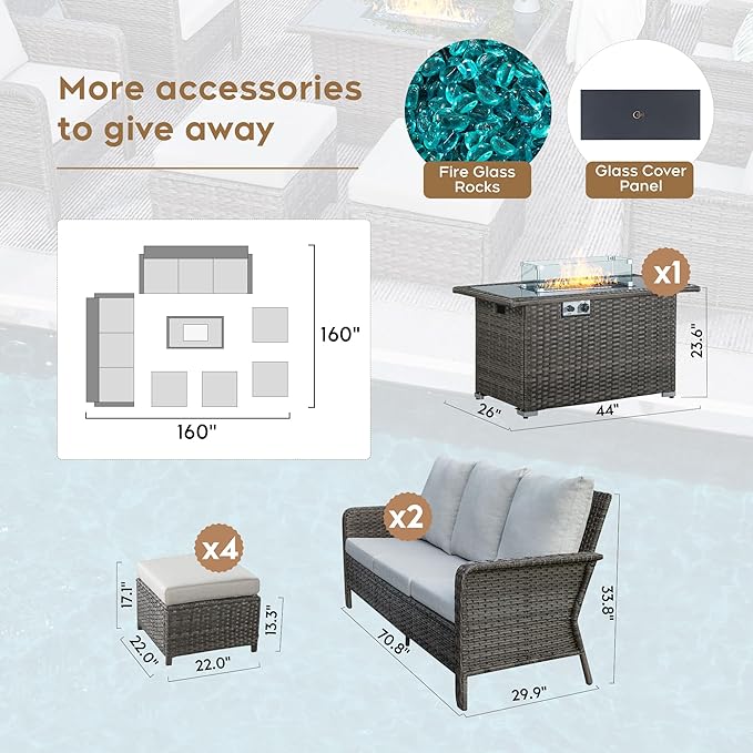 Yechen Patio Conversation Set 10 Seats with 44" Propane Gas Fire Pit Table - 7 Pcs Outdoor Wicker Furniture Set with Lid & Wind Shields - Sectional Sofa Set for Porch,Backyard - LeafyLoom