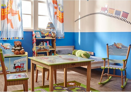 Fantasy Fields Kids Small Table Lamp, Truck Lamp, Car Lamp for Boys Room with Construction Truck Base & Helicopter Printed Shade, Transportation Themed - LeafyLoom