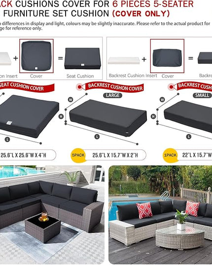 ClawsCover 11Pack Outdoor Seat and Back Cushions Replacement Covers Fit for 5-Seater 6Pieces Wicker Rattan Patio Furniture Conversation Set Sectional Couch Chairs,Dark Gray-Included Cover Only - LeafyLoom