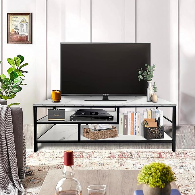 AT-VALY 3-Tier TV Stand Media Console Table with Open Shelving Storage for Living Room Bedroom 47inch for up to 55" TV - LeafyLoom