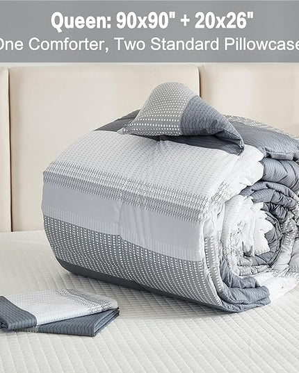 Litanika Queen Comforter Set Light Grey - 3 Pieces Lightweight Gray White Colorblock Stripe Fluffy Bedding Comforter Sets, All Season Bed Set - LeafyLoom