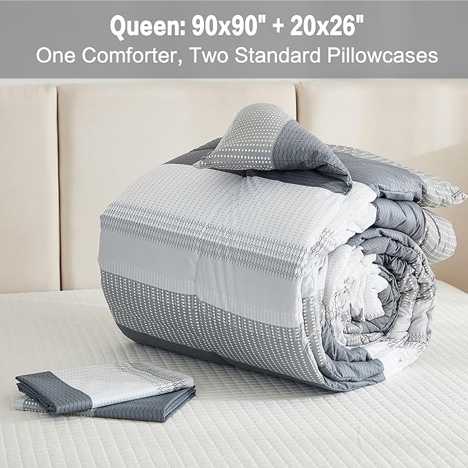 Litanika Queen Comforter Set Light Grey - 3 Pieces Lightweight Gray White Colorblock Stripe Fluffy Bedding Comforter Sets, All Season Bed Set - LeafyLoom