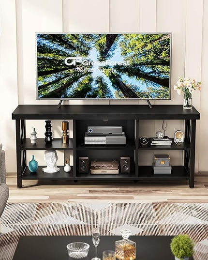 GreenForest TV Stand for TV up to 65 inches, Entertainment Center with 6 Storage Cabinet for Living Room, 55 inch Farmhouse Television Stands Console Table, Industrial TV stands for Living Room, Black - LeafyLoom