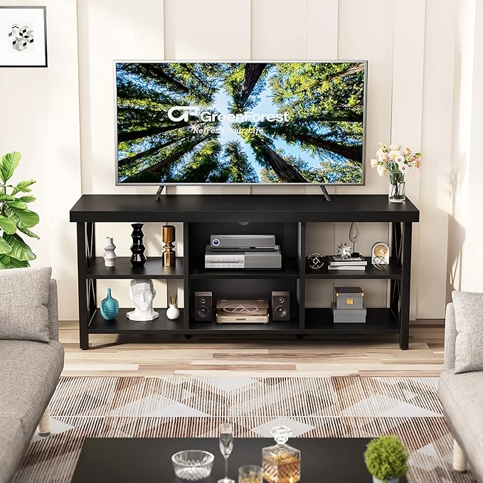 GreenForest TV Stand for TV up to 65 inches, Entertainment Center with 6 Storage Cabinet for Living Room, 55 inch Farmhouse Television Stands Console Table, Industrial TV stands for Living Room, Black - LeafyLoom
