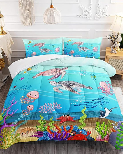 Turtle Comforter Set Full Ocean Watercolor Sea Turtle Bedding Set Tropical Fish Marine Life Bed Set with 2 Pillowcases for Kids Room Decor - LeafyLoom