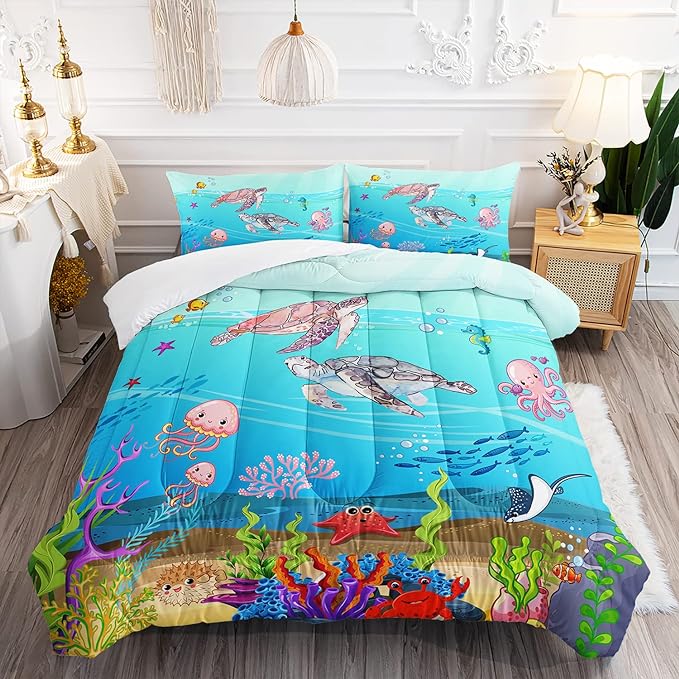 Turtle Comforter Set Queen Ocean Watercolor Sea Turtle Bedding Set Tropical Fish Marine Life Bed Set with 2 Pillowcases for Kids Room Decor - LeafyLoom
