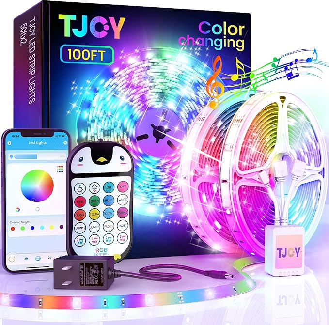 TJOY 100ft Kids Bluetooth LED Strip Lighting, Color Changing Lights for Bedroom, Music Sync RGB Tape Lighting with Child Remote, LED Lights for Room Decor Aesthetic Indoor(50ftx2) TJOY