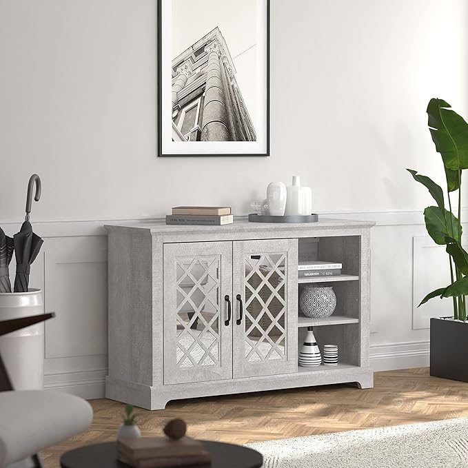 Galano Millicent 2 Doors Sideboard with Open Shelves, Buffet Cabinet with Storage, Storage Cabinet for Kitchen, Dining Room, Living Room, 15.67" D x 45.71" W x 29.29" H, Dusty Grey Oak - LeafyLoom