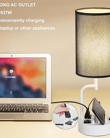 Dreamholder Table Lamp with 3 USB Charging Ports, Modern Desk Lamp with AC Outlet and Phone Stands, Perfect Bedside Lamp for Bedroom, Living Room, Office (Pack of 2), White&Black - LeafyLoom