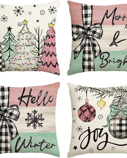 AVOIN colorlife Merry Christmas Joy Xmas Trees Colorful Throw Pillow Covers, 18 x 18 Inch Christmas Winter Holiday Cushion Case Decoration for Sofa Couch Set of 4 AVOINcolorlife