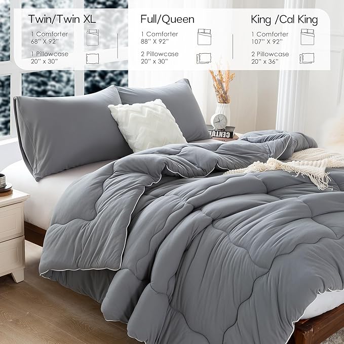 COTTEBED Ultra-Soft Winter King Size Comforter Set, Warm California Cal King Thick Milk Cup Cozy Fully Breathable Bedding 1 Down Alternative with 2 Pillowcase for Winter, Dark Gray - LeafyLoom