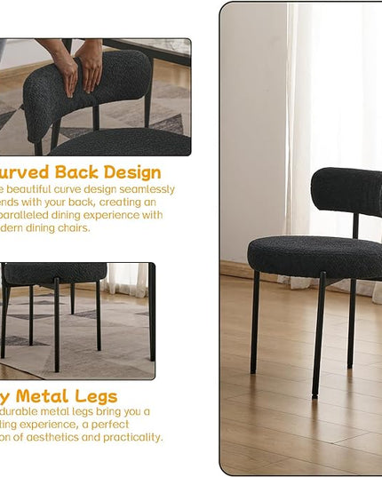 EDWELL Black Boucle Dining Chairs Set of 2, Mid Century Modern Kitchen Dining Chairs with 3.94” Cushions and Metal Legs, Round Upholstered Boucle Chairs for Kitchen, Living Room - LeafyLoom