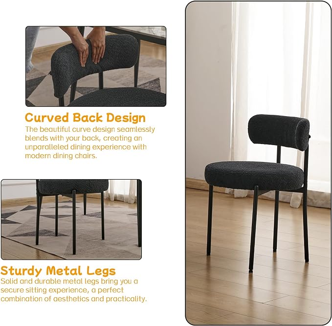 EDWELL Black Boucle Dining Chairs Set of 2, Mid Century Modern Kitchen Dining Chairs with 3.94” Cushions and Metal Legs, Round Upholstered Boucle Chairs for Kitchen, Living Room - LeafyLoom