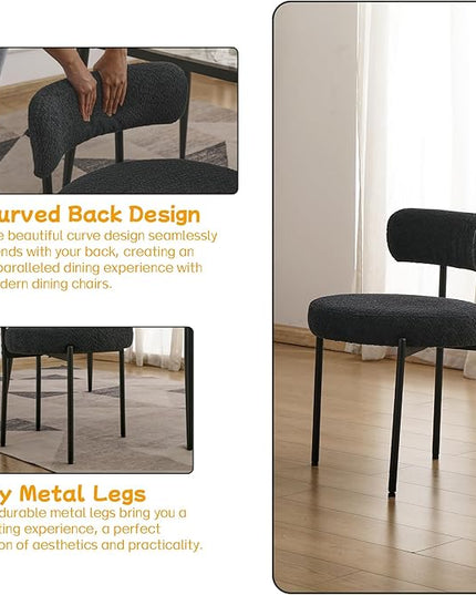 EDWELL Black Dining Chairs Set of 6, Mid-Century Modern Dining Room Chairs with Thick Cushions, Round Upholstered Boucle Dining Chair with Metal Legs for Kitchen, Living Room, Kitchen Chairs - LeafyLoom