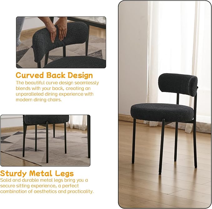 EDWELL Black Dining Chairs Set of 6, Mid-Century Modern Dining Room Chairs with Thick Cushions, Round Upholstered Boucle Dining Chair with Metal Legs for Kitchen, Living Room, Kitchen Chairs - LeafyLoom