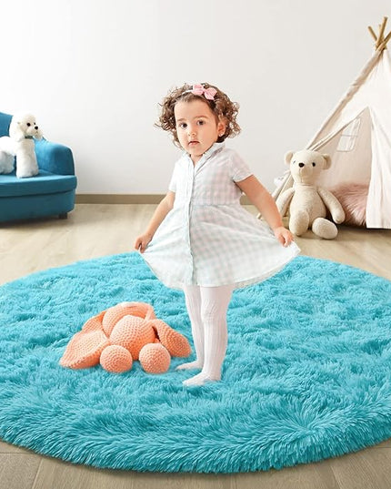 Blue Round Rug for Bedroom, Super Fluffy Circle Rugs for Baby Nursery, 5'X5' Feet Furry Carpet for Children Kids Room, Cute Soft Shaggy Rug for Girls Home Decor, Fuzzy Plush Carpets for Dorm - LeafyLoom