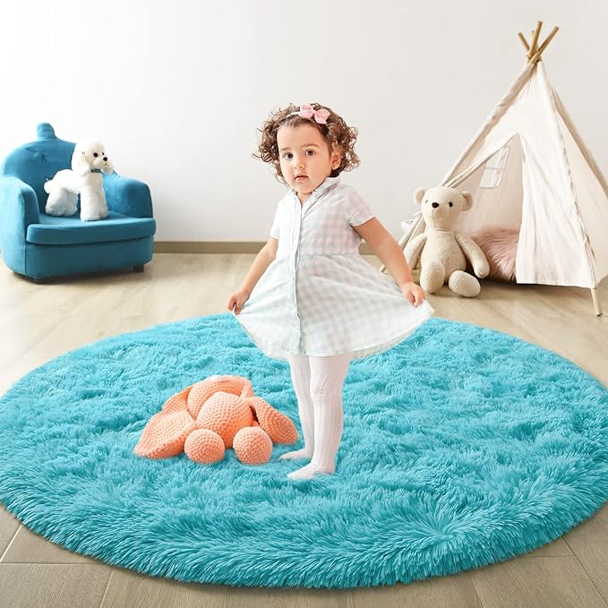 Blue Round Rug for Bedroom, Super Fluffy Circle Rugs for Baby Nursery, 5'X5' Feet Furry Carpet for Children Kids Room, Cute Soft Shaggy Rug for Girls Home Decor, Fuzzy Plush Carpets for Dorm - LeafyLoom