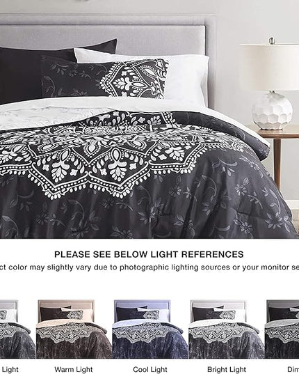 Comfort Spaces Bed in A Bag - Trendy Casual Design Cozy Comforter with Complete Sheet Set with Side Pocket, All Season Cover, Matching Shams, Twin XL (66 in x 90 in), Ava Medallion Black 6 Piece - LeafyLoom