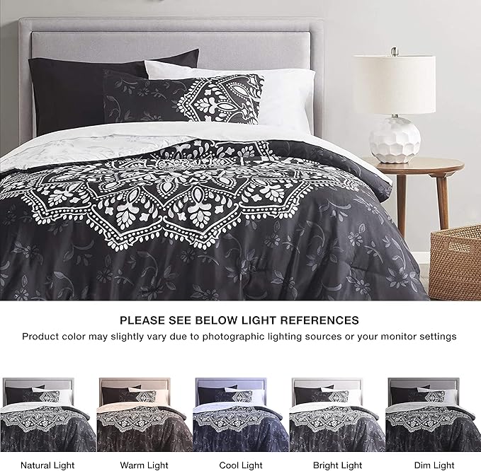 Comfort Spaces Bed in A Bag - Trendy Casual Design Cozy Comforter with Complete Sheet Set with Side Pocket, All Season Cover, Matching Shams, Twin XL (66 in x 90 in), Ava Medallion Black 6 Piece - LeafyLoom