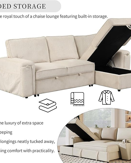 Corduroy Upholstered Convertible Sleeper Sectional Couch Pull Out Sofa Bed ,4 Seater L Shaped Corner Sofa&Couch Sofabed with Reversible Storage Chaise Lounge and Cupholders for Living Room Office - LeafyLoom