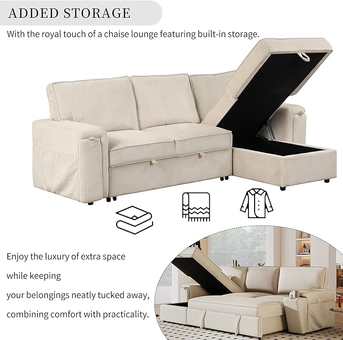 Corduroy Upholstered Convertible Sleeper Sectional Couch Pull Out Sofa Bed ,4 Seater L Shaped Corner Sofa&Couch Sofabed with Reversible Storage Chaise Lounge and Cupholders for Living Room Office - LeafyLoom